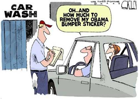 Editorial cartoon removing Obama bumper sticker
